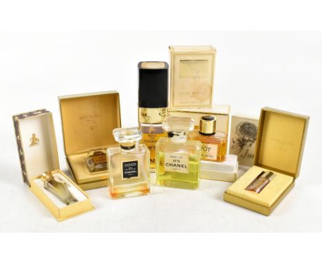 CHANEL; a bottle of No.5 eau de toilette, 80% full, two further Chanel bottles, one with coloured liquid, three Jean Patou Ea