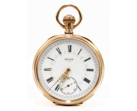 ELGIN WATCH CO; a 9ct yellow gold crown wind open face pocket watch, the enamel dial set with jewels and floral detail, with 