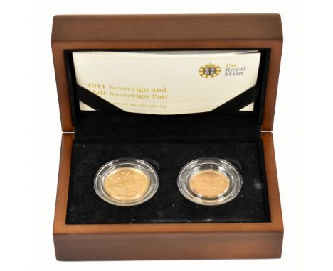 THE ROYAL MINT; a 1911&nbsp;sovereign and half&nbsp;sovereign pair, encapsulated in presentation box, with booklet, and outer
