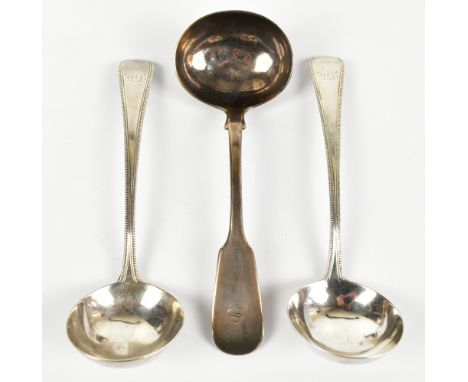 WALLIS &amp; HAYNE; a pair of late George III hallmarked silver Old English and Bead pattern sauce ladles, London 1812, with 