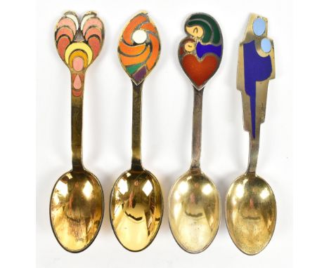 GEORG JENSEN; four silver gilt and enamel decorated spoons, detailed for 1962, 1968, 1971 and 1972, length approx. 16cm, comb