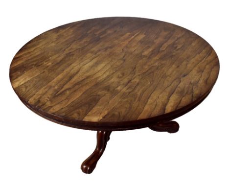 A 19th century rosewood breakfast table, the circular tilt-top on a turned column and tripod supports, width 121.5cm.Original