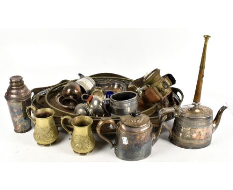 A small collection of assorted silver plate and metalware including a large galleried tray, teapot, cocktail shaker, also an 