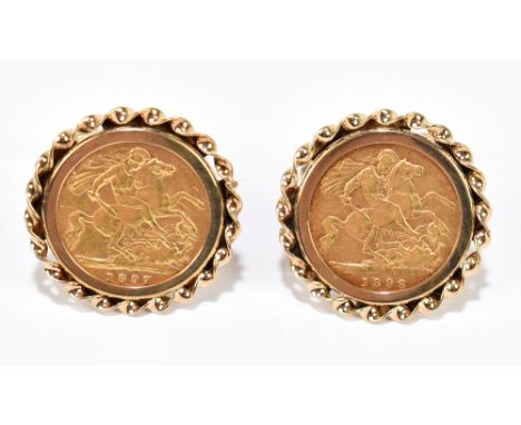 A pair of 9ct yellow gold mounted half sovereign cufflinks, 1897 and 1893, combined weight 19g.&nbsp;Additional InformationTh