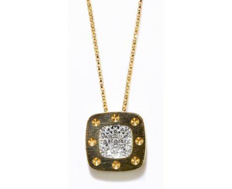 ROBERTO COIN; an 18ct yellow gold diamond set pendant with seventeen brilliant cut pave set diamonds in white metal to the ce