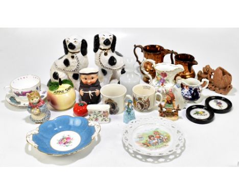 A small collection of assorted ceramics including Goebel monk, lustre ware, pair of reproduction Staffordshire spaniels, Roya