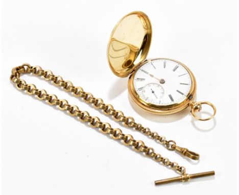 An 18ct gold key wind full hunter pocket watch, the enamelled dial set with Roman numerals and subsidiary seconds dial, diame