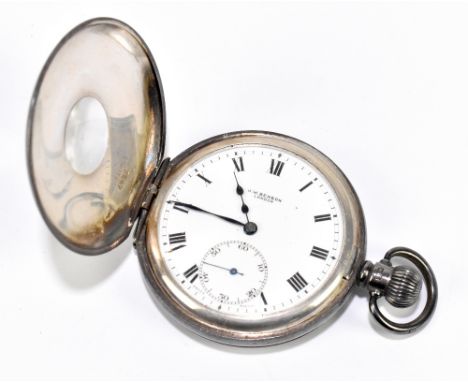 J.W. BENSON; a crown wind half hunter silver pocket watch with external blue enamelled Roman numerals and further Roman numer