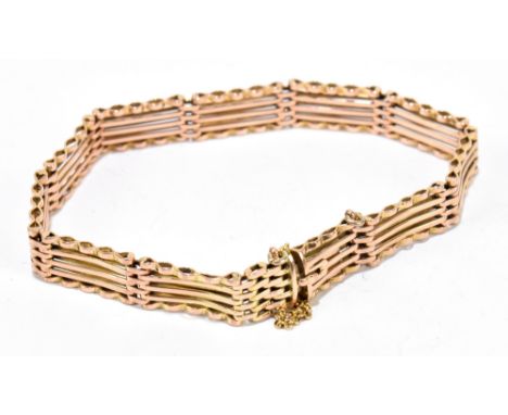 A 9ct yellow gold five bar gate link bracelet, with box clasp and safety chain, approx. 11.7g.Additional InformationSlight co