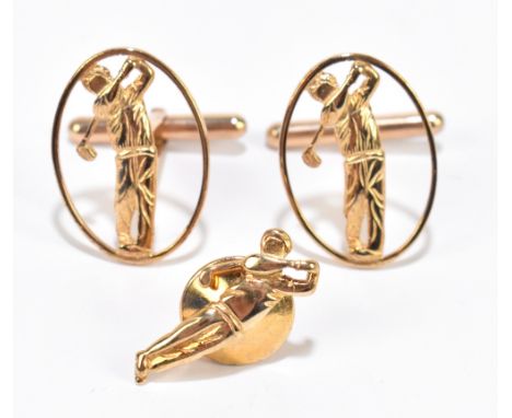A pair of 9ct yellow gold cufflinks, with pierced oval platforms set with golfers in full swing, and a matching tie pin, 6g.&