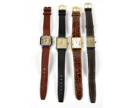 Three gentleman's wristwatches including a Waltham Tank style example with enamelled bezel, the silvered dial set with Arabic