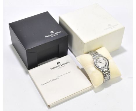MAURICE LACROIX; a stainless steel quartz wristwatch with baton and Arabic numerals, and date aperture, in box with booklet.&