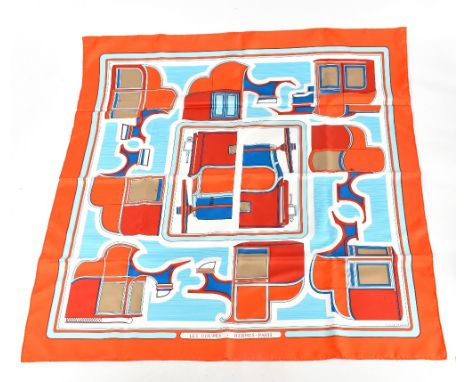 HERMES; a 100% silk orange, blue and red Les Coupes scarf by Francoise de la Perriere, unused and never worn, in original box