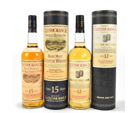 WHISKY; two bottles of Glenmorangie single Highland malt Scotch whisky, comprising golden rum cask aged 12 years, 40%-70cl, a