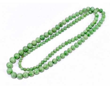 A leather cased string of graduated jadeite beads ranging from 10mm to 4mm, overall length 74cm.Additional InformationNo clas