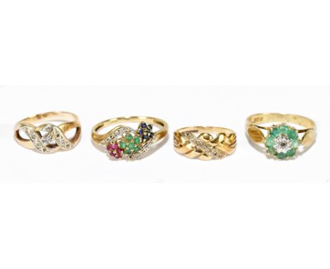 Four 9ct yellow gold dress rings, sizes J, N, R and Y, combined approx. 12.16g. (4)