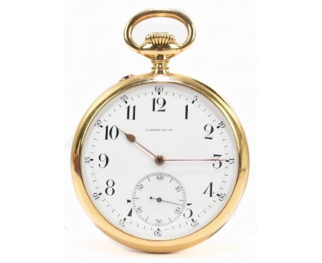 L LEROY &amp; CIE; a gentleman's French yellow metal crown wind open face pocket watch, the enamelled dial set with Arabic nu