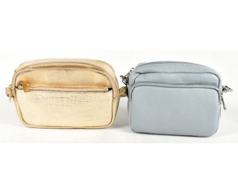 JOULES; a gold crocodile embossed leather shoulder bag, with gold tone hardware zip and embossed logo to front, with two zip 