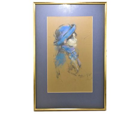 HAROLD FRANCIS RILEY BL.D. Litt.FRCS (Hon) DFA ATC (born 1943); pastel, portrait of a girl in a blue hat, signed and dated 66