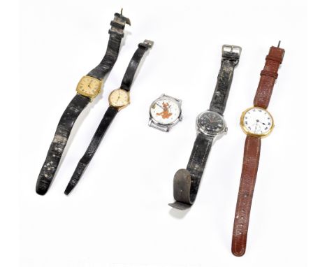 An 18ct yellow gold wristwatch with Roman numerals to the white enamel dial (af), a further Vertex lady's watch and three oth