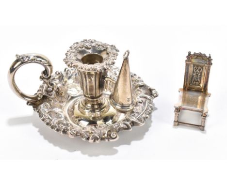 HENRY WILKINSON &amp; CO; a hallmarked silver miniature chamberstick, with detachable nozzle and snuffer, Sheffield 1835, 3.5
