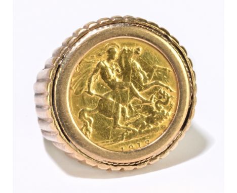 A George V half sovereign, 1913, set in a 9ct yellow gold textured rim mount, size R, approximately 11.8g.&nbsp;Additional In
