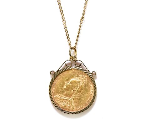 A Victoria full sovereign, 1890, in 9ct swivel mount and on 9ct yellow gold chain, length of chain 42cm, approx 12.4g.Additio