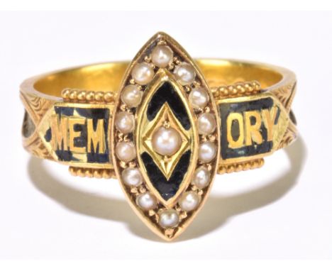 An Edwardian 15ct yellow gold seed pearl and black enamelled mourning ring with central lozenge shaped panel flanked by the i