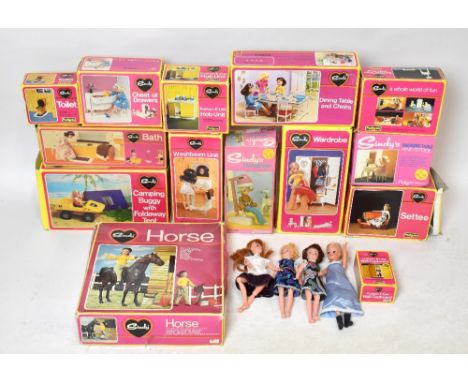 SINDY; a collection of boxed vintage Sindy toys including camping buggy with foldaway tent, settee, horse, wardrobe, chest of