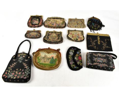 Twelve vintage lady's evening bags comprising a 1920s beaded coin purse with faux tortoiseshell closure, seven floral embroid