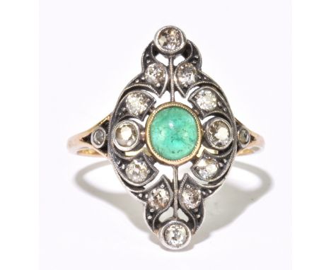 A 14ct yellow gold and white metal cabochon emerald and brilliant cut diamond pierced marquise shaped cluster ring, size P, a