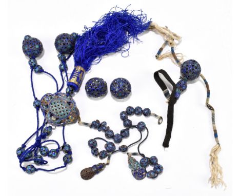 A Chinese enamelled white metal necklace set with drop pendant and pierced spheres, a similar bracelet and various loose comp