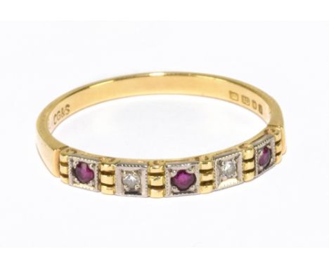 An 18ct yellow gold diamond and ruby five stone half eternity ring, size P 1/2, approx 2.8g.Additional InformationSome light 