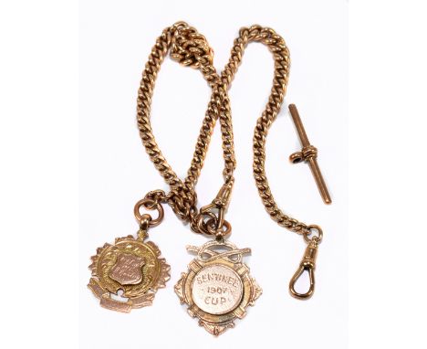 Two 9ct rose gold graduated chains forming a bracelet with two engraved fob pendants and a T-bar, approx 43.5g.Additional Inf