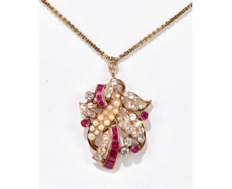 A 14ct yellow gold diamond, ruby and cultured pearl pendant, suspended on a 14ct yellow gold chain, pendant 48mm, length of c