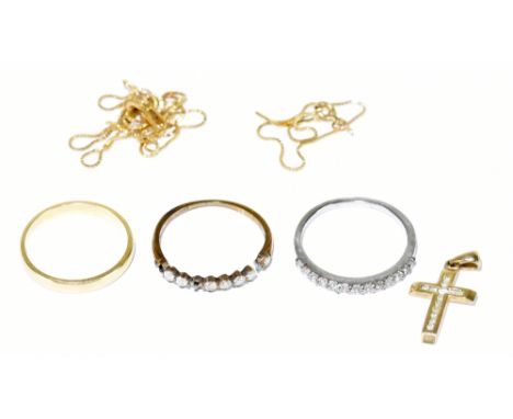 An 18ct yellow gold thin wedding band, size L 1/2, approx. 2.1g, a 9ct yellow gold dress ring (lacking one stone and also spl