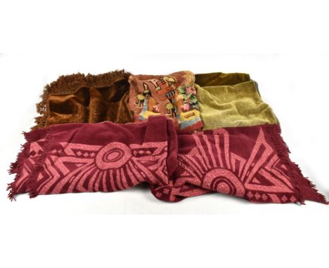 Two early 20th century red chenille blankets in Art Deco patterns, two 1920s chenille tablecloths, one gold and one brown, wi