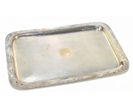 SANDERS &amp; PEDLINGHAM; a George VI hallmarked silver rectangular dressing table tray with engine turned decoration surroun