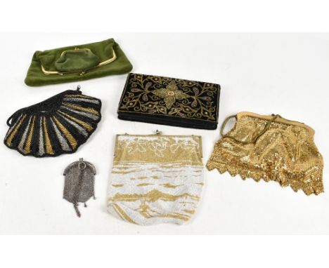 A collection of six vintage gold, silver, black and green evening bags including three beaded, one with a metal frame with a 
