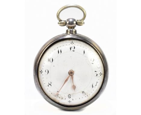 JOYCE OF WHITCHURCH; a George IV hallmarked silver pair cased pocket watch, the white enamel dial set with Arabic numerals, m