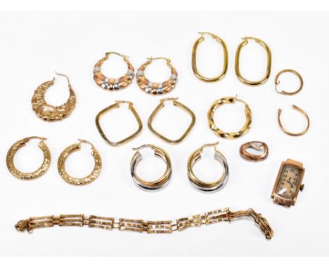 Five pairs of 9ct yellow gold earrings, a damaged gate link bracelet, a 9ct gold watch head and three further gold earrings, 
