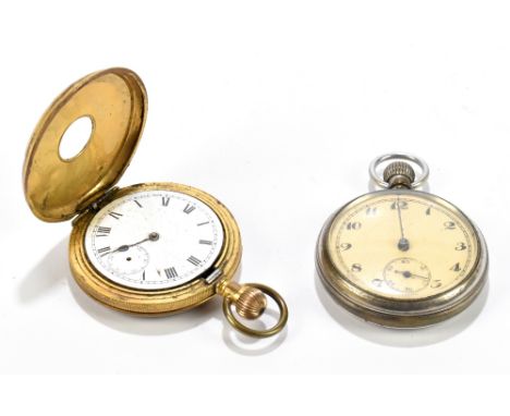 A base metal crown wind half hunter pocket watch,&nbsp;&nbsp;the enamel dial set with Roman numerals and subsidiary seconds d