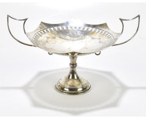 BRITTON, GOULD &amp; CO; a George V hallmarked silver twin handled pedestal comport, of shaped octagonal form, pierced floral