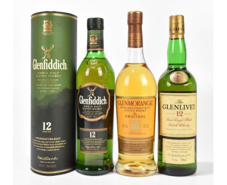 WHISKY; three bottles comprising The Glenlivet, aged 12 years, pure single malt Scotch whisky, 40%, 70cl, Glenfiddich, single