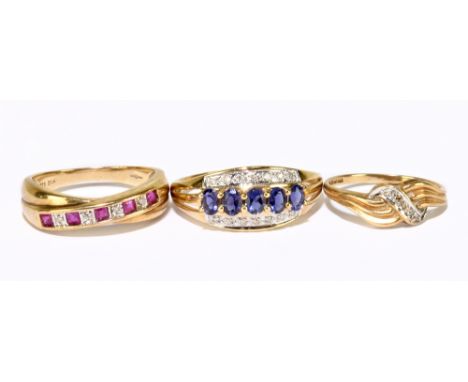 Three 9ct yellow gold dress rings, one set with sapphires and diamonds, size U, approx. 2.87g, a ruby and diamond crossover e