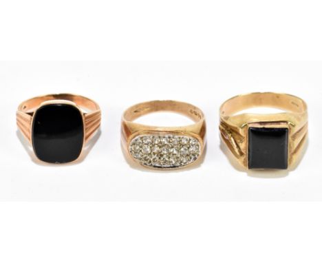 Three 9ct yellow gold signet rings, size R, Y and V, combined 17.6g.Additional InformationGeneral surface wear, light surface