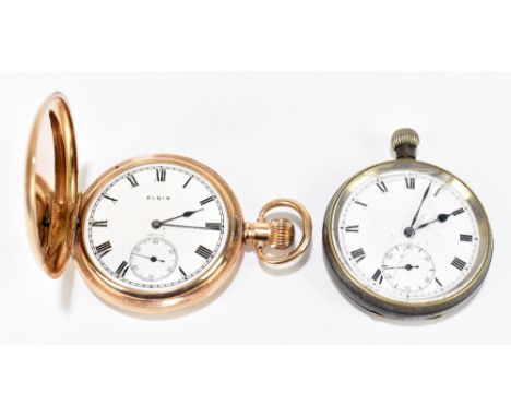 ELGIN; a gold plated crown wind full hunter pocket watch with Roman numerals to the white enamel dial, and a base metal damag