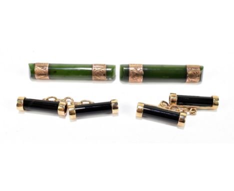A pair of 9ct yellow gold and black onyx cufflinks, approx. 9.2g, length of each cylinder 22mm, and a pair of nephrite jade a