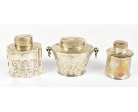 Three hallmarked silver tea caddies, comprising an Edwardian example with twin loop handles, Birmingham 1908, and a serpentin