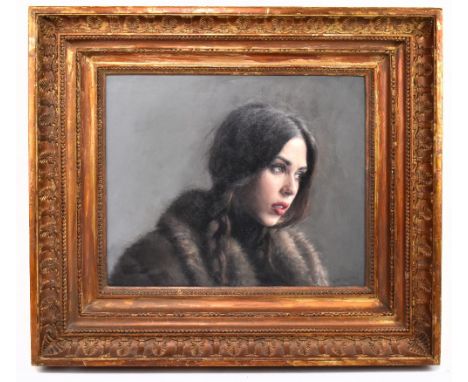 ALEX RUSSELL FLINT (born 1974); oil on board, 'Camille', portrait study of a young woman, signed bearing Ruben Coley Fine Art